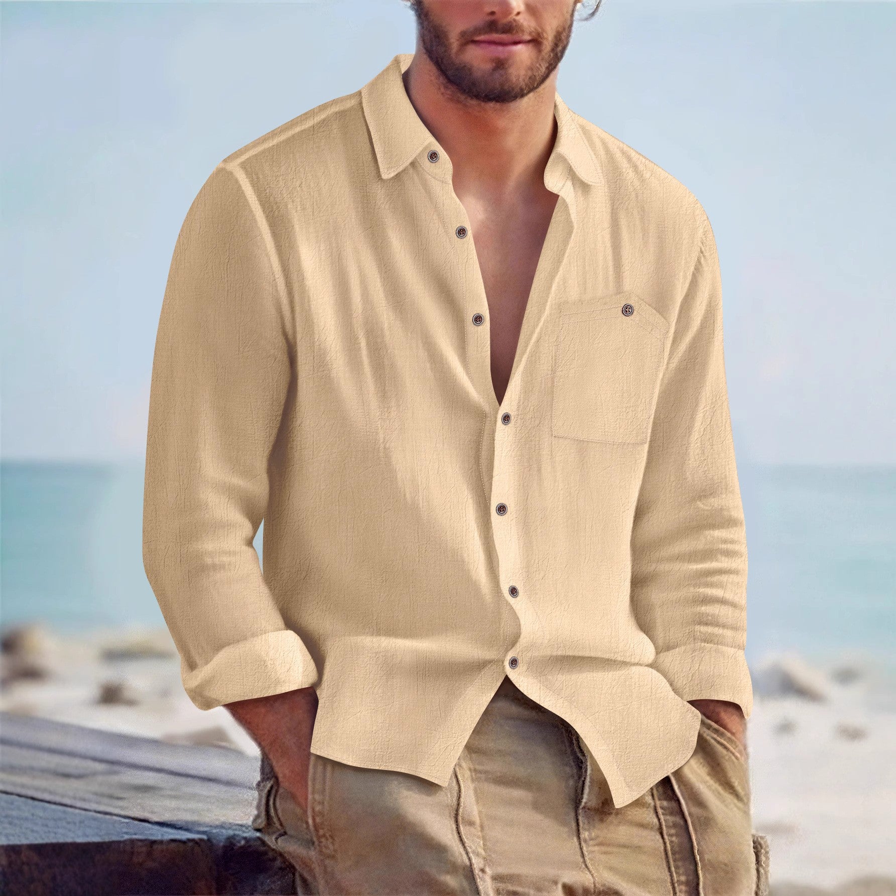 Men's solid color lapel cardigan